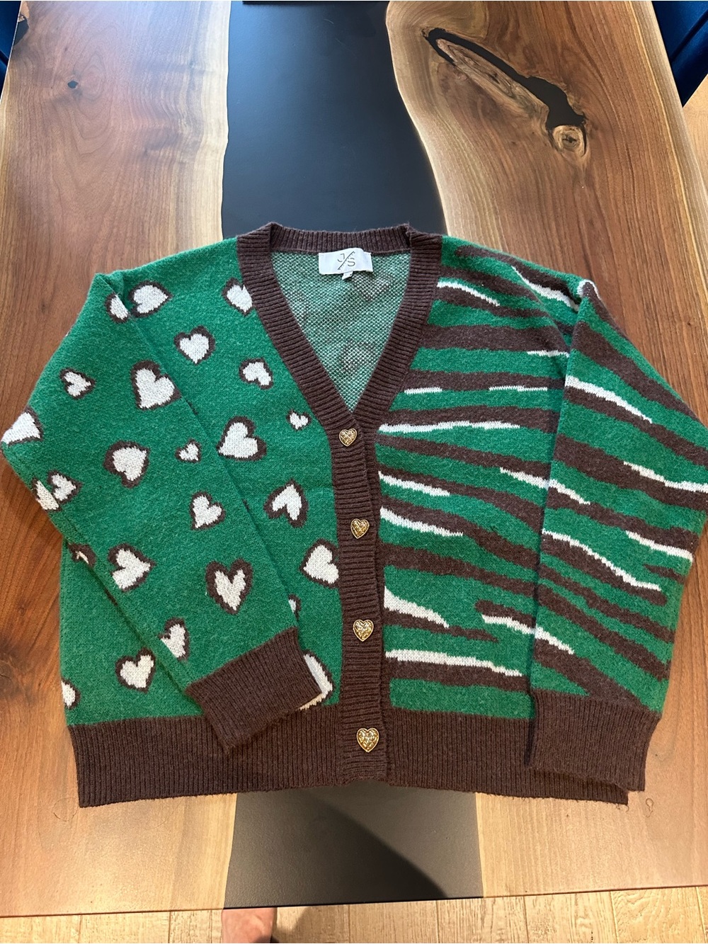 Jigsaw Green & Brown Heart-Stripe V-Neck Cardigan